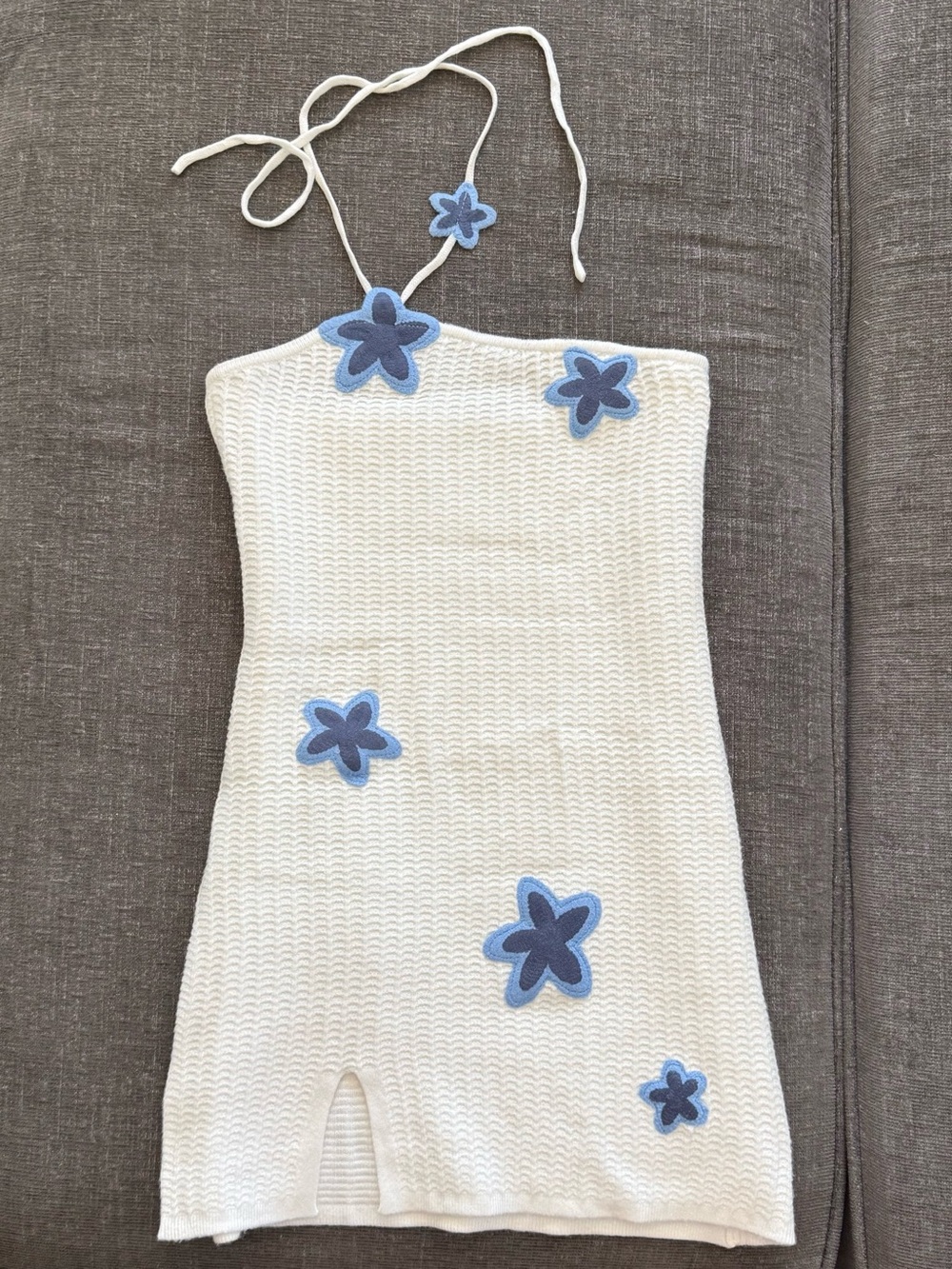 Knitted Mini Dress Halter with Blue Floral Appliqués